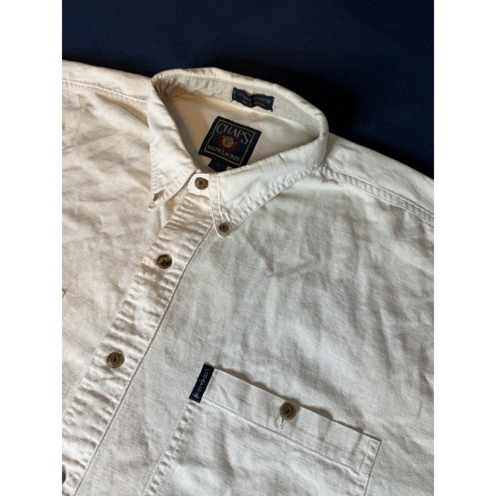 Vintage Chaps Ralph Lauren Linen Cotton Button Down Shirt Mens L Ivory Short Slv